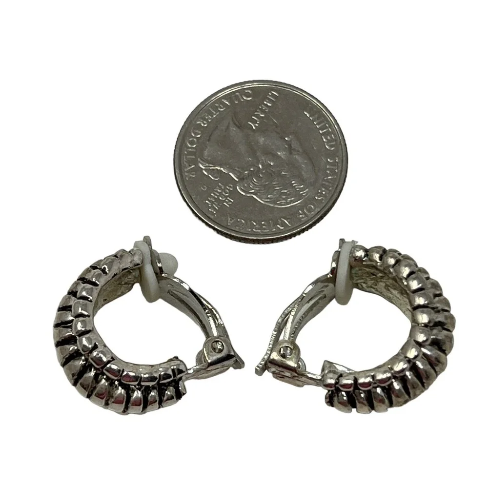 Vintage Clip On‎ Earrings Silver Tone Metal Black Accent Hoops